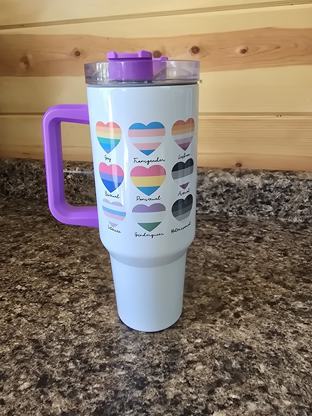 Purple-Handle Pride Heart Travel Tumbler - Rainbow & Transgender Icons